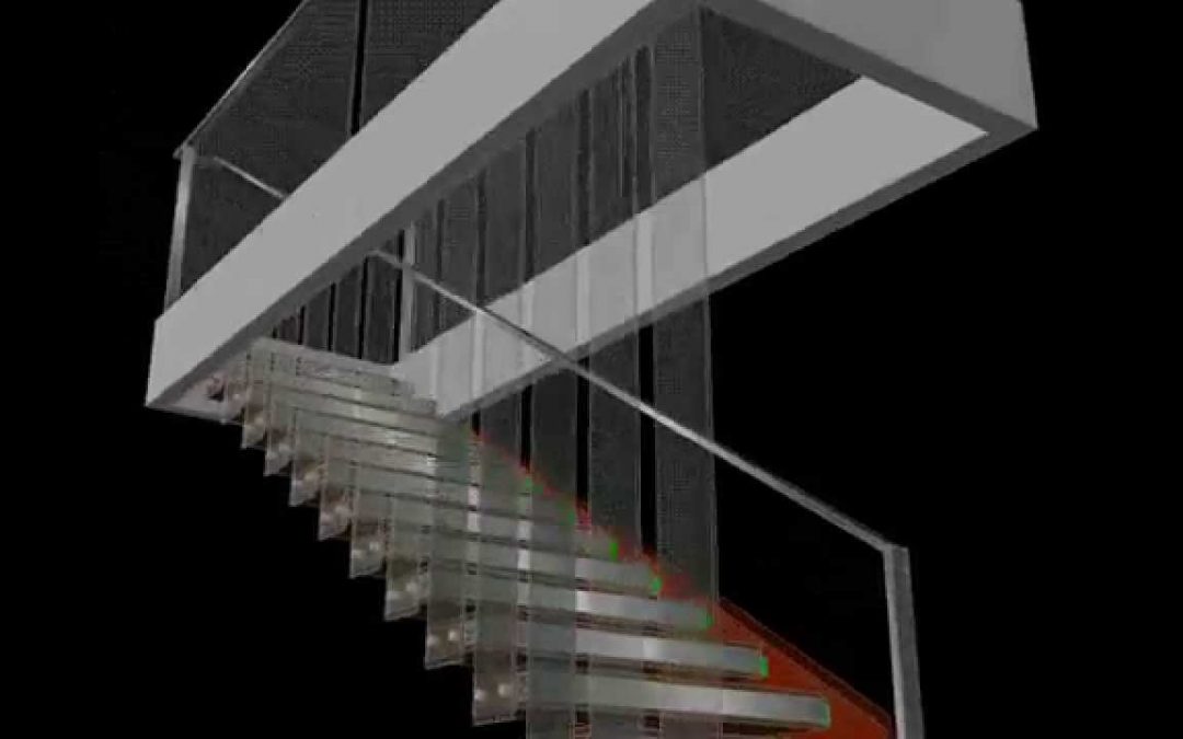 Escalera colgada en cristales con peldaños de madera
